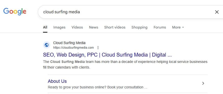 Screenshot of a Google search for Cloud Surfing Media showing that we rank for our own brand name | Local SEO Digital Marketing Experts